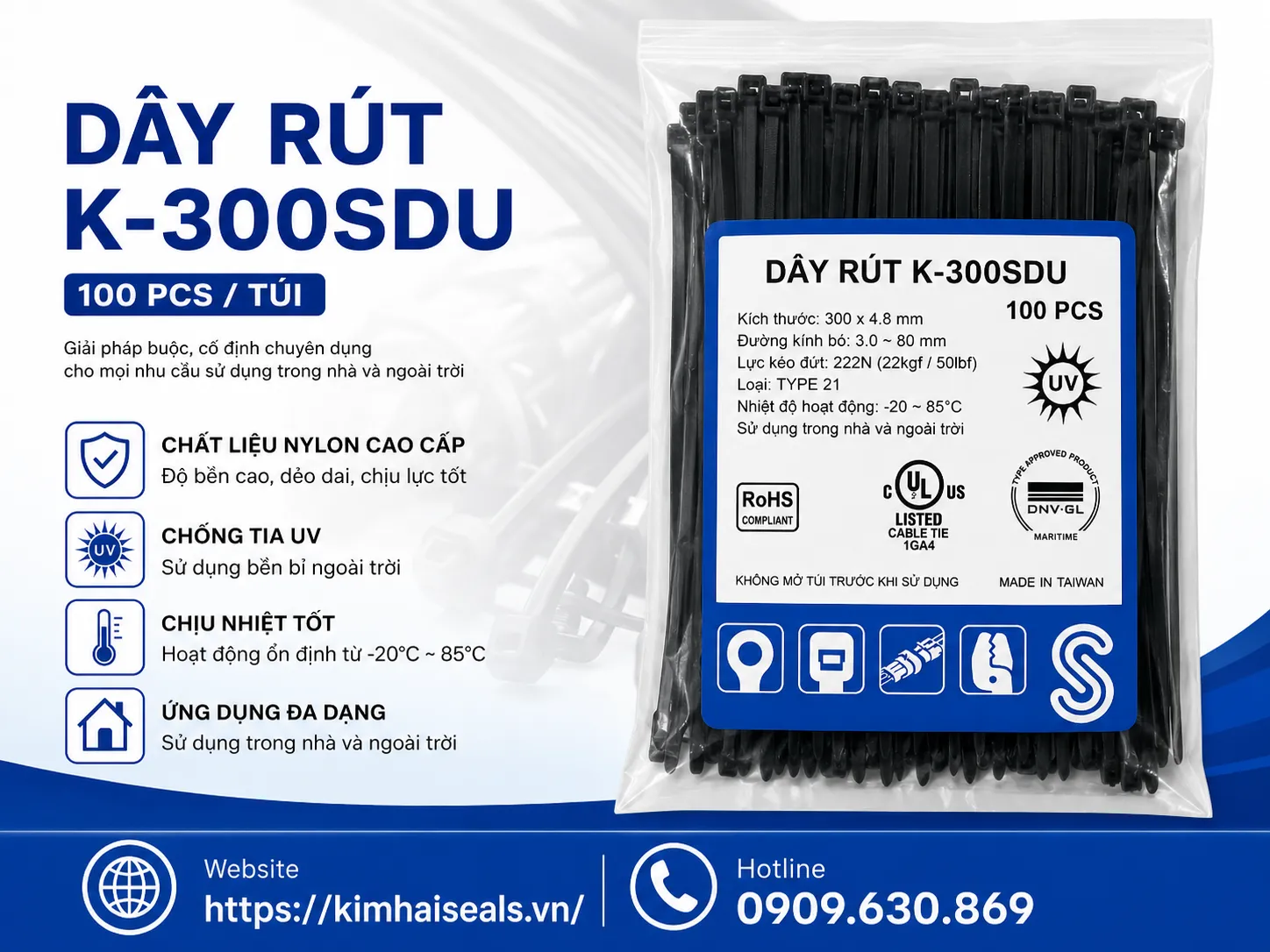 Dây rút K-300SDU 4.8x300mm – Giải pháp buộc, cố định chuyên dụng