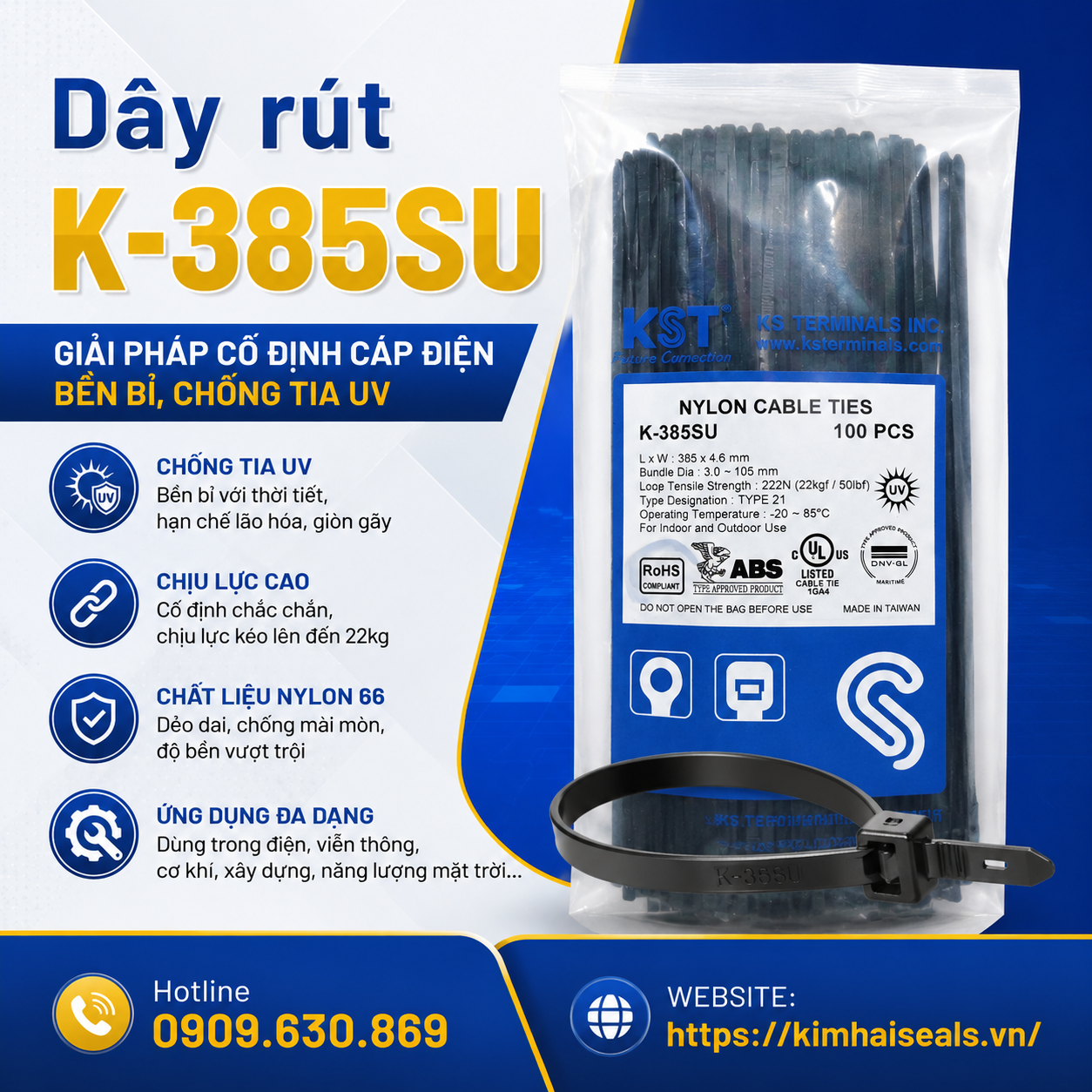 Dây rút K-385SU – Giải pháp cố định cáp điện bền bỉ, chống tia UV
