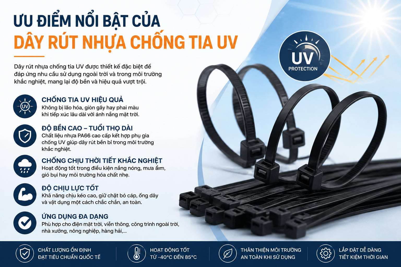 Ưu điểm nổi bật của dây rút nhựa chống tia UV Ưu điểm nổi bật của dây rút nhựa chống tia UV