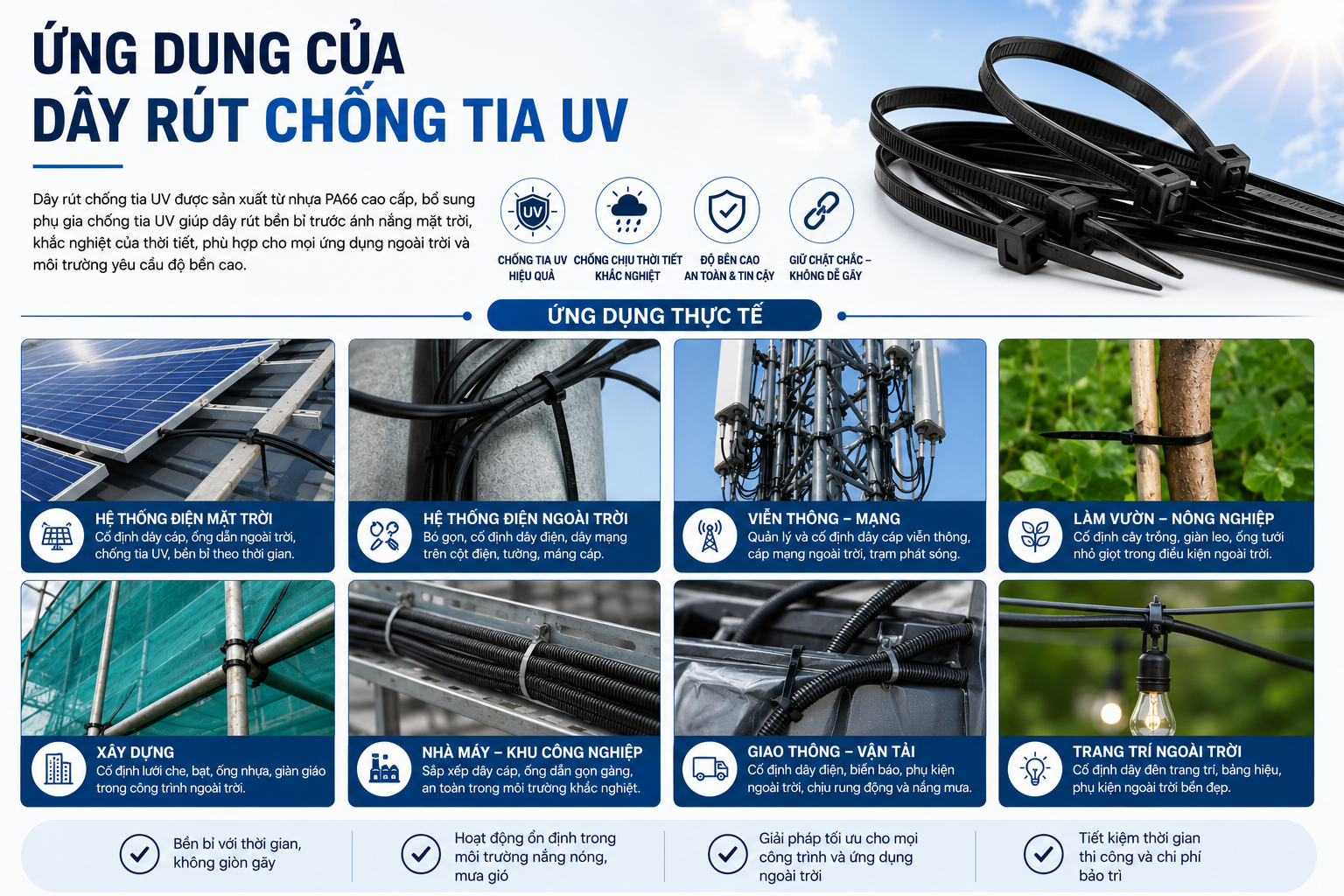 Ứng dụng của dây rút nhựa chống tia UV Ứng dụng của dây rút nhựa chống tia UV